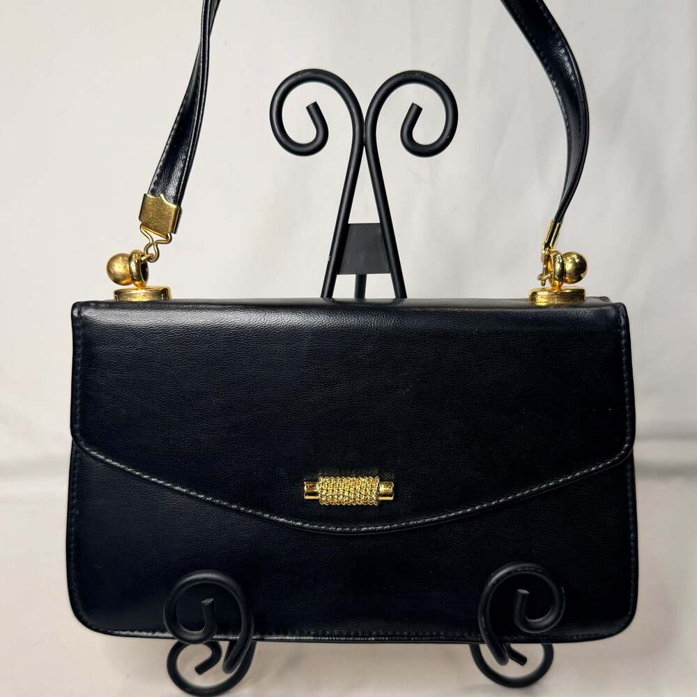 Vintage Black Leather Evening Shoulder Bag with Gold Tone Rope Detail Clasp